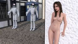 1girls 3d belly belly_button breasts breasts_out brown_hair clara_oswald companion_(doctor_who) cybermen doctor_who english_text exposed exposed_breasts exposed_nipples exposed_pussy female female_focus forced_nudity girl hiding jenna_coleman micklee99 naked naked_female nude nude_female nudity pussy scared scared_expression sci-fi science_fiction standing tardis text