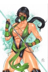 1girls 2d abs black_hair cleavage dark-skinned_female ed_benes_studio facemask fingerless_gloves fit_female green_eyes huge_breasts jade_(mk9) jade_(mortal_kombat) lanio_sena long_hair mortal_kombat mortal_kombat_(2011) revealing_clothes voluptuous