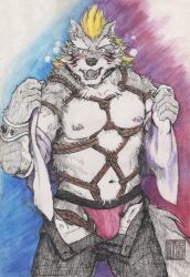 1boy 2022 abs anthro balls blonde_hair blush bondage bound bulge canid canine canis clothing cute_fangs dated ear_piercing felixleong fenrir_(tokyo_afterschool_summoners) furniture genitals hair lifewonders looking_at_viewer male male_only mammal muscular muscular_anthro muscular_male nipples open_mouth pecs piercing restraints rope rope_bondage simple_background solo teeth tokyo_afterschool_summoners toronoeroaka undressing video_games wolf