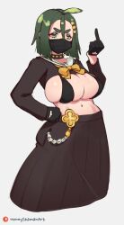 ahoge angry belt big_breasts bikini_top choker eye_bags eyeshadow face_mask gloves green_hair hairclip honeyshaman long_skirt looking_at_viewer middle_finger midori_(rizdraws) mole_on_breast original schoolgirl_uniform spiked_collar thick_eyebrows