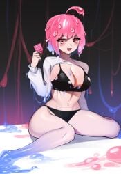 1girls absurd_res belly_button black_pupils blush cleavage condom dripping eyebrows_visible_through_hair female heart_eyes holding_object large_breasts looking_at_viewer melting_clothes midriff open_mouth pink_eyes pink_hair sae_(vtuber) sbgu slime slime_clothing slime_girl slime_hair solo_female swimsuit virtual_youtuber