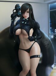 amishito black_eyes black_hair black_panties covered_nipples female female_only gantz gantz_suit gun hair_over_one_eye indoors large_breasts latex_suit long_hair looking_at_viewer nipple_bulge panties reika_shimohira rubber_suit sideboob skin_tight solo thick_thighs thigh_strap underboob weapon wide_hips