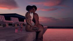 2girls 3d 4k bikini brown_hair cyberpunk_2077 female female_only green_hair holopointz judy_alvarez kissing lesbian_kiss light-skinned_female panties purple_hair tattoos v_(cyberpunk_2077) valerie_(cyberpunk_2077) yuri