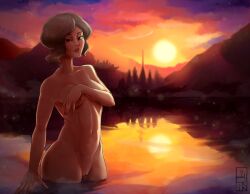 1girls artistic_nude athletic_female avatar_the_last_airbender bob_cut breasts buildings casual casual_nudity cityscape commission commission_art commissioner_upload completely_nude covering covering_breasts dark-skinned_female dark_skin earth_kingdom female female_only forest green_eyes grey_hair human innie_pussy lake landscape lipstick liuskin looking_at_viewer mature_female medium_breasts milf mother naked nature nickelodeon nipple nipple_slip nude nude_female outdoor_nudity outdoors perky_breasts pinup_pose pussy shaved_pussy sidelocks skinny_dipping smile smooth_skin solo solo_female sunset suyin_bei_fong tagme the_legend_of_korra thick_thighs tummy wading water