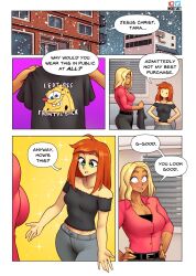 2girls beverly_(nortuet) big_breasts blonde_hair blue_eyes blush breasts cleavage comic english_text female_focus female_only green_eyes happy hi_res long_hair nortuet nortuet_universe original petite red_hair small_breasts spongebob_squarepants tara_(nortuet) text watermark wide_hips