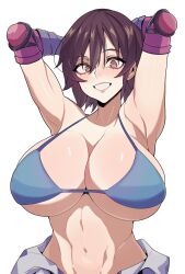 1girls armpits arms_behind_back arms_behind_head arms_up big_breasts blush bra breasts brown_eyes brown_hair cleavage female hi_res huge_breasts kazama_asuka large_breasts looking_at_viewer midriff seductive short_hair smile solo tekken tomboy yoshiikirablr