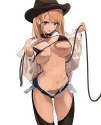 1girls belly_button_piercing big_breasts blonde_hair cowboy_hat earrings female female_focus female_only fringe gyaru hat kitagawa_marin lasso legwear long_hair looking_at_viewer pale-skinned_female petite piercing pink_eyes pink_hair red_eyes rope seductive_look skimpy_clothes smile solo solo_focus sono_bisque_doll_wa_koi_wo_suru standing tagme teenager two_tone_hair