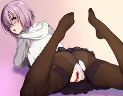 846-gou absurdres ass black-framed_eyewear blush brown_legwear clothing_aside fate/grand_order fate_(series) feet female from_behind glasses hair_over_one_eye highres hood hoodie looking_at_viewer looking_back lying mash_kyrielight no_shoes on_stomach open_mouth panties panties_aside panties_under_pantyhose pantyhose pink_hair pleated_skirt purple_eyes pussy semi-rimless_eyewear short_hair skirt solo spread_legs sweatdrop thighband_pantyhose toes torn_clothes torn_legwear under-rim_eyewear underwear white_panties