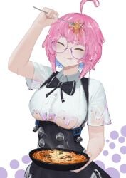 1girls bow bowl buttons closed_eyes dripping eating extrident female glasses happy large_breasts licking_lips melting_clothes pink_hair sae_(vtuber) slime slime_clothes slime_girl smile solo_female spaghetti tongue_out underboob virtual_youtuber wet_clothes