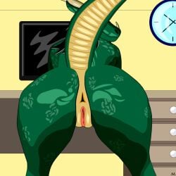 1:1 2022 2d animated anthro ass black_hair clock desk female female_only furniture genitals gif green_body green_skin hair hi_res horn husram inside lizard looking_at_viewer naked nude office presenting pussy raised_tail reptile scalie solo solo_female table yellow_eyes
