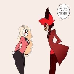 1boy 1girls alastor_(hazbin_hotel) blonde_hair carliabot charlastor charlie_morningstar_(hazbin_hotel) clothing demon female hazbin_hotel male outerwear straight_hair tuxedo white_skin