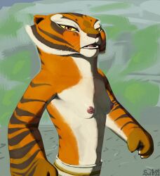 absurd_res anthro blush breasts clothed clothing dreamworks felid female hi_res kung_fu_panda mammal master_tigress nipples pantherine sabrotiger small_breasts solo tiger topless