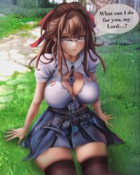 adeline_(lost_ark) big_breasts brown_eyes brown_hair brunette busty cleavage female female_focus female_only fully_clothed glasses hourglass_figure housekeeper lirenya looking_at_viewer lost_ark maid maid_uniform nerdy_female obedient school_uniform schoolgirl servant sitting skirt solo solo_female thick_thighs thigh_highs wide_hips