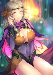 1girls alternate_costume areolae bare_thighs blonde_female blonde_hair bodystocking cleavage covered_nipples fairy_wings female female_only fire_emblem fire_emblem_fates fire_emblem_heroes forest jtaka long_hair looking_at_viewer medium_breasts midriff navel night nintendo official_alternate_costume ophelia_(fire_emblem) outdoors sitting smile solo thighs tree wings yellow_eyes