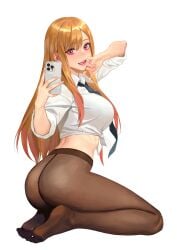 1girls ass big_ass big_breasts blonde_hair blush breasts feet female female_focus female_only gyaru hongcasso kitagawa_marin long_fingernails long_hair pantyhose red_eyes school_uniform schoolgirl selfie solo sono_bisque_doll_wa_koi_wo_suru thick_thighs toes white_background