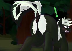 anus balls cuddledrivenpony equid equine feral forest genitals hasbro hi_res horse male mammal mephitid my_little_pony plant pony puffy_anus skunk solo surprise tree