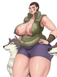 1girls 2animals animal areola_slip breasts cameltoe chubby chubby_female cyberboi female female_only huge_breasts human inuzuka_hana naruto nipple_slip solo solo_female standing sweat thick_thighs tight_clothing venus_body white_background wide_hips wolf wolves