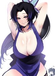 1girls alternate_costume alternate_hairstyle armpits arms_up big_breasts black_hair blush butterfly_hair_ornament cleavage demon_slayer female female_focus gyushino hands_behind_head huge_breasts japanese_clothes kimetsu_no_yaiba kochou_shinobu kurenaiz1 long_hair looking_at_viewer no_bra ponytail purple_eyes sleeveless smile solo_focus tomioka_giyuu