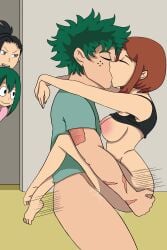 1boy 3girls arm_around_neck artist_request black_hair breasts brown_hair closed_eyes couple eavesdropping green_hair izuku_midoriya kissing leg_lock long_hair medium_breasts momo_yaoyorozu mostly_nude motion_lines my_hero_academia ochako_uraraka sex smile stand_and_carry_position standing_sex straight tsuyu_asui voyeur watching_sex