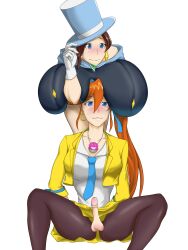 1futa ace_attorney aretheos athena_cykes balls bent_over blue_eyes breasts brown_hair clothed clothing duo erection female fully_clothed futanari gyakuten_saiban huge_breasts human hyper hyper_breasts leggings light-skinned_futanari light_skin lust magician magician_hat mostly_clothed orange_hair penis sitting spread_legs testicles trucy_wright