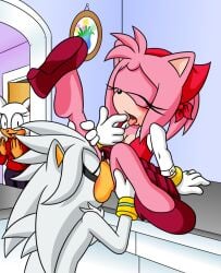 amy_rose bats blush caught closed_eyes clothing colored_skin cunnilingus dress eyelashes feet female footwear furry green_eyes hedgehog high_resolution kneeling_oral_position leg_up long_eyelashes lust male moanning oral orange_skin pink_fur pink_hair pink_skin rouge_the_bat sega shoes shoes_removed silver_the_hedgehog smile sonic_(series) sonic_the_hedgehog_(series) sonicguru spread_legs surprised tongue tongue_out voyeur white_fur white_hair white_skin