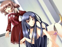 2girls all_fours anal_tail blue_hair breasts brown_eyes brown_hair closed_eyes collar dress fake_tail female game_cg holding_leash indoors kohinata_akari kohinata_asami large_breasts leash long_hair looking_at_viewer multiple_girls nipples panties pet_play petplay pink_panties red_dress school_uniform sex_toy shiraishi_chihiro short_hair side-tie_panties standing tail target_-ochiru_shimai- window yuri