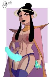 1girls 2d areolae big_breasts biting_lip black_hair black_lipstick breasts bunbunmuffinart cape castaspella female female_focus female_only female_solo hair_bun hand_on_hip highres human human_only lipstick looking_at_viewer magic magic_strap-on nipples she-ra_and_the_princesses_of_power solo solo_female strap-on tagme thick_thighs thighs wide_hips