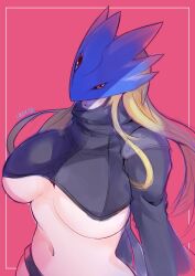 1girls beelstarmon big_breasts blonde_hair digimon digimon_(species) female female_only hi_res large_breasts long_hair looking_at_viewer mask red_background red_eyes solo solo_female third_eye ukenya underboob upper_body