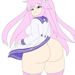 1girls ass ass_focus big_ass black_eyelashes d-pad d-pad_hair_ornament eyebrows_through_hair female female_focus female_only long_hair mechspazer medium_breasts nepgear neptunia_(series) no_panties no_shading pink_hair purple_eyes purple_stripes sailor_uniform showing_ass simple_background smug smug_face stockings striped_legwear underwear white_background white_dress