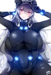 azur_lane big_breasts bodysuit female female_only gantz gantz_(cosplay) gantz_suit graf_zeppelin_(azur_lane) grey_hair hair_between_eyes huge_breasts latex_suit long_hair looking_at_viewer military_hat red_eyes rubber_suit skin_tight smile solo tomochi very_long_hair