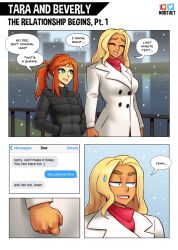 2girls beverly_(nortuet) big_breasts blonde_hair blue_eyes breasts closed_eyes comic english_text female_focus female_only green_eyes hi_res long_hair meme nortuet nortuet_universe original outside petite ponytail public red_hair small_breasts tara_(nortuet) text watermark