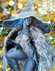 antheia3d blue_eyes blue_hair blue_skin doll elden_ring fromsoftware lingerie multi_face ranni_the_witch solo witch_hat