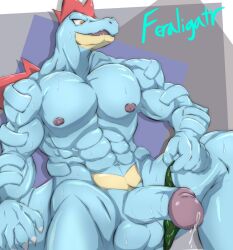 abs alligator bara biceps big_muscles big_pecs big_penis blue_skin camouflage_clothing camouflage_underwear feraligatr furry game_freak humanoid_penis male_only muscular muscular_male nintendo nipples orange_eyes pokemon pokemon_gsc precum thick_thighs triceps underwear