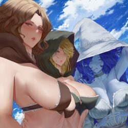 2020s 2022 3girls 4_arms absurd_res araneesama artist_signature athletic_female blue_eyes blue_hair blue_skin breasts brown_hair cleavage clothed clothed_female cutesexyrobutts_(style) elden_ring female female_only fia_the_deathbed_companion fromsoftware hat hi_res hood huge_breasts human large_hat looking_at_viewer melina_(elden_ring) multi_arm multi_limb one_eye_closed outdoors ranni_the_witch short_hair sideboob thick_thighs witch_hat