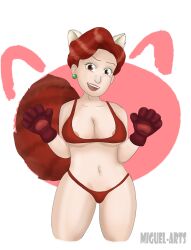 1girls areola_peek big_breasts big_butt bikini disney female legs looking_at_viewer miguel-arts milf ming_lee mole_under_eye mother pink_background pixar pussy red_hair red_panda red_panda_ears red_panda_paws red_panda_tail solo turning_red white_background