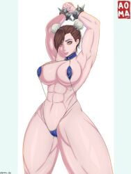 1girls abs aoma blue_bikini brown_hair chun-li chun-li_(cosplay) female female_only muscular muscular_female sling_bikini slingshot_swimsuit solo street_fighter street_fighter_iv street_fighter_v thick_thighs wide_hips