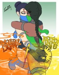 2girls ass dark-skinned_female dark_skin fart fart_cloud fart_fetish farting female hand_on_ass high_heel_boots jade_(mortal_kombat) juanesafm_(artist) kissing kitana mask mortal_kombat panties yuri