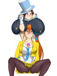 2girls ace_attorney aretheos athena_cykes blush brown_hair clothed female female_only gyakuten_saiban hyper hyper_breasts leggings lust orange_hair spread_legs tagme top_hat trucy_wright yuri