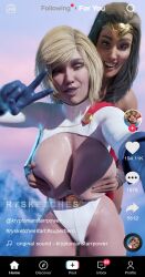 2girls 3d artist_name athletic big_breasts blonde_hair breast_squeeze breasts_out dark_hair dc dc_comics female female_only female_protagonist fit fit_female flying helping_hand human injustice_2 kara_zor-l karen_starr large_breasts leotard light-skinned_female light_skin olive_skin outdoors power_girl rysketches selfie shiny_skin showing_off showing_off_breasts skin_tight smiling superheroine superman_(series) tiktok tiktok_overlay wet wonder_woman wonder_woman_(series)