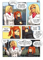 2girls beverly_(nortuet) big_breasts blonde_hair blue_eyes breasts comic english_text female_focus female_only green_eyes happy hi_res long_hair nortuet nortuet_universe original petite ponytail public red_hair small_breasts tara_(nortuet) text watermark