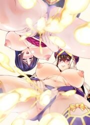 2girls 846-gou anus ass_visible_through_thighs bangs bikini blush breasts bridal_gauntlets brown_hair detached_sleeves earrings fate/grand_order fate_(series) from_below hair_between_eyes hat hoop_earrings jewelry large_breasts long_hair looking_at_viewer low-angle_view minamoto_no_raikou_(fate) minamoto_no_raikou_(swimsuit_lancer)_(fate) multiple_girls navel nipples open_mouth parted_bangs peeing peeing_on_viewer puffy_nipples purple_bikini purple_eyes purple_hair purple_headwear purple_legwear pussy smile standing_pee swimsuit taker_pov thighhighs thighs topless urinating_female veil very_long_hair xuangzang_sanzang_(fate)