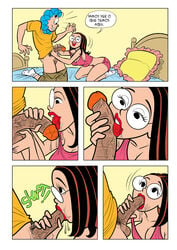 1boy 1girls bedroom blowjob blue_hair cleavage comic curly_(tdm) curly_hair glasses latina licking_penis long_hair monica's_gang pajamas pants_down penis portuguese_text pubic_hair rolo_(tdm) tina_(tdm) turma_da_monica