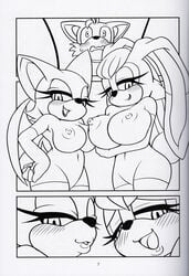 2013 anthro bat big_breasts blush breasts canine canned_furry_2 comic fox fur furry huge_breasts lagomorph michiyoshi monochrome nipples nude open_mouth rabbit rouge_the_bat sega shock sonic_(series) stockings sweat sweatdrop tails vanilla_the_rabbit