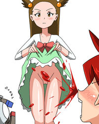 bleeding blood blush clothes color convenient_censoring dress_lift female gari081 human jasmine_(pokemon) looking_at_pussy magnemite male nintendo no_panties nosebleed pokemon pokemon_gsc pokemon_hgss silver_(pokemon) size_difference standing white_background