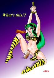 1girls akira_(artist) arms_up bikini bondage bound bound_wrists breasts cum dildo fellatio female forced_exposure green_hair horns humanoid large_breasts light-skinned_female light_skin long_hair lum oni oral panties panties_around_leg panties_around_one_leg penis princess pussy spread_legs swimsuit tiger_print torn_clothes uncensored underwear urusei_yatsura vaginal_insertion