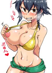 bikini black_hair blush breasts brown_eyes female girls_und_panzer groin large_breasts looking_at_viewer mimuni362 navel nipples pepperoni_(girls_und_panzer) simple_background smile solo swimwear white_background