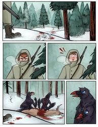 anthro avian bird black_body black_feathers blood blue_eyes bodily_fluids breasts bubbeh cervid clothing coat comic corvid corvus_(genus) death feathers female forest forest_background gore gun hard_vore hi_res human hunting male mammal nature nature_background nude oscine passerine plant ranged_weapon raven_(bird) snow surprise topwear tree vore weapon winter