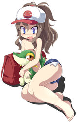 1girls ambiguous_gender ass backpack baseball_cap blue_eyes blush breasts brown_hair denim denim_shorts feet female flat_chest hat hilda_(pokemon) hug human mamo_williams navel nintendo nipples open_mouth pokemon pokemon_(species) pokemon_bw ponytail shorts small_breasts smile snake snivy surprised tied_hair toes topless white_background