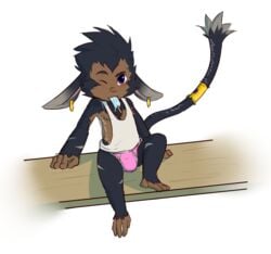 1boy alvaro anthro barefoot big_ears briefs bulge clothing fan_character food front_view furfit league_of_legends male male_only mammal one_eye_closed pecs pink_underwear popsicle reclining shirt sitting solo tail_ring tank_top underwear video_games yordle