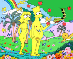"6" 1boy 1girls 20th_century_studios accurate_art_style adam_and_eve apple bad_anatomy barefoot_on_grass bart_simpson breasts casual casual_nudity color day female foreskin fruit human implied_incest lisa_simpson long_foreskin male nipples nude nudist obese_male outdoors pale_skin penis pubic_hair public_domain pussy reference snake standing the_simpsons uncircumcised uncut unretracted_foreskin vulva yellow_body yellow_skin
